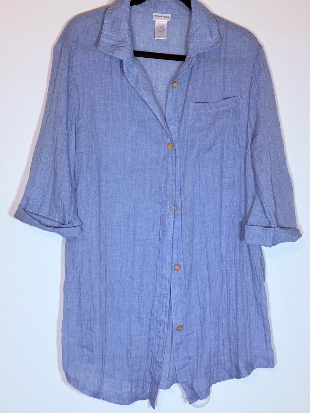 Light Blue Button-Front Linen Blend Blouse